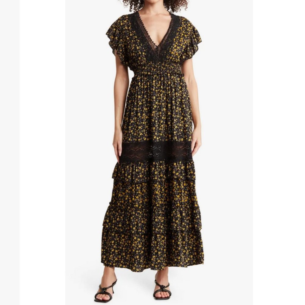Angie black Lace insert Trim midi-Maxi Dress Smocked waist S-M NEW